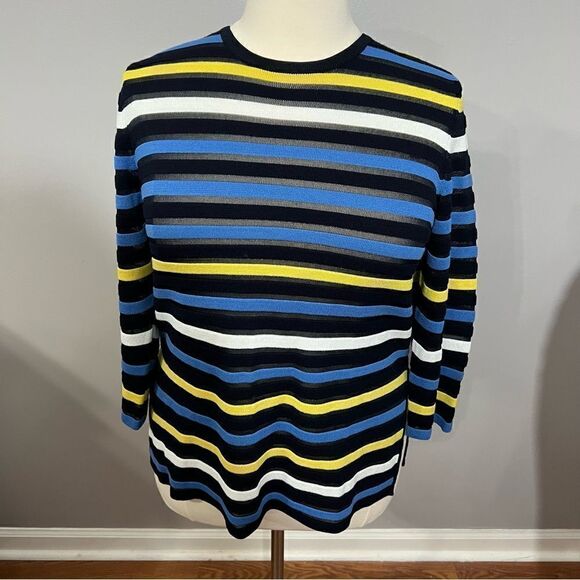 St. John‎ Blue and Yellow Striped Knit Side Slit Sweater - L - Picture 3 of 12